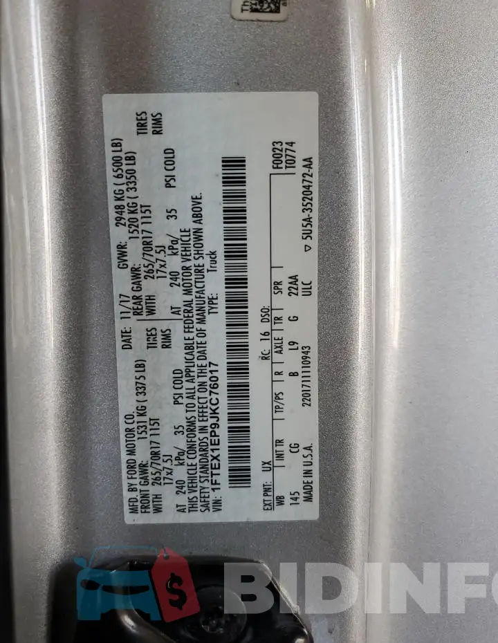 1FTEX1EP9JKC76017 Photo# 12