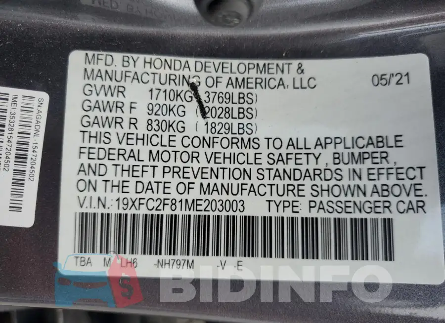 19XFC2F81ME203003 Photo# 13