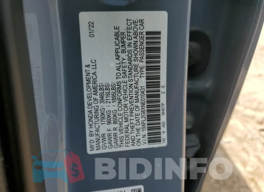 19XFL2G8XNE010431 Photo# 12
