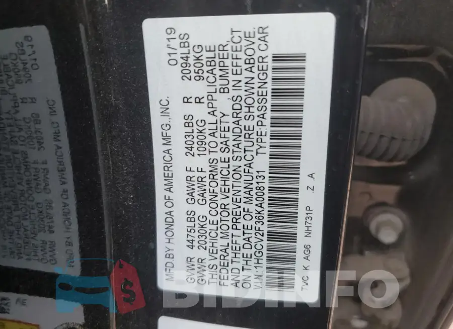 1HGCV2F36KA008131 Photo# 12