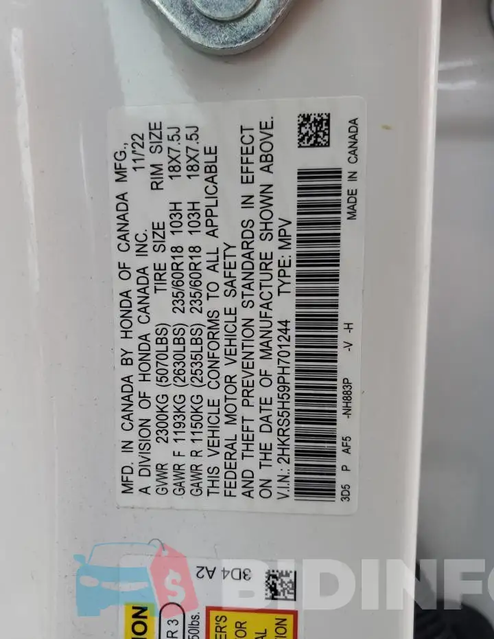 2HKRS5H59PH701244 Photo# 14