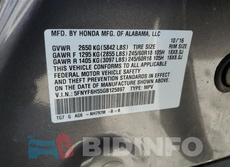 5FNYF6H55GB125897 Photo# 13