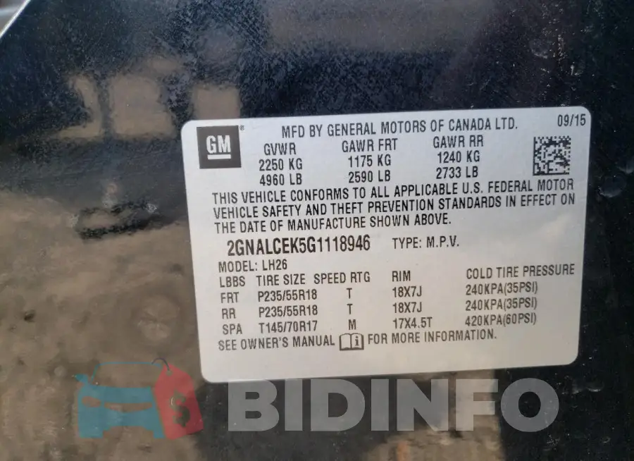 2GNALCEK5G1118946 Photo# 12