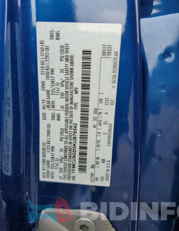 1FMCU9GD5KUB78542 Photo# 14