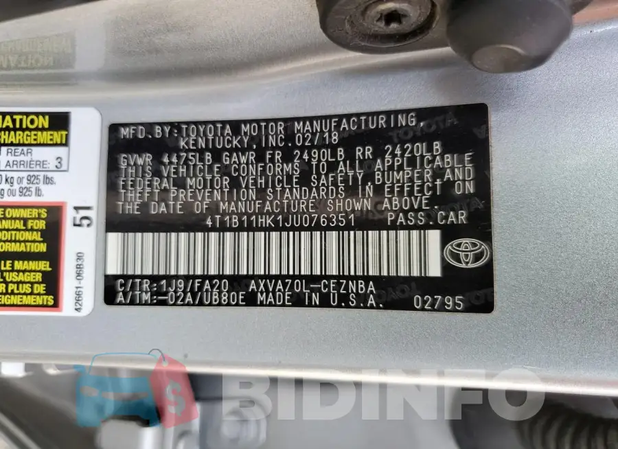 4T1B11HK1JU076351 Photo# 12