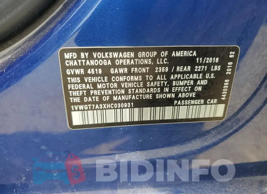 1VWGT7A3XHC030931 Photo# 12