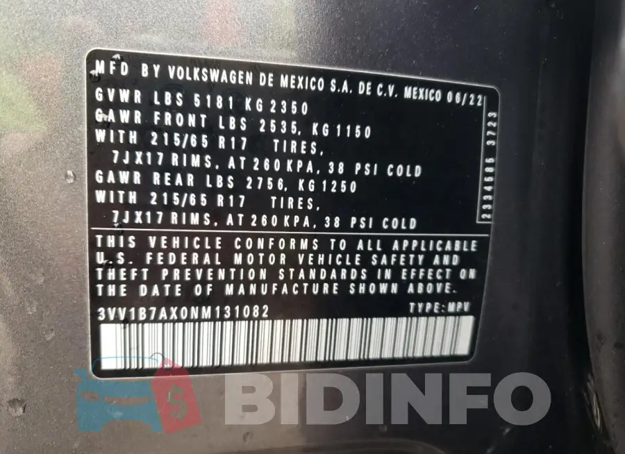 3VV1B7AX0NM131082 Photo# 13