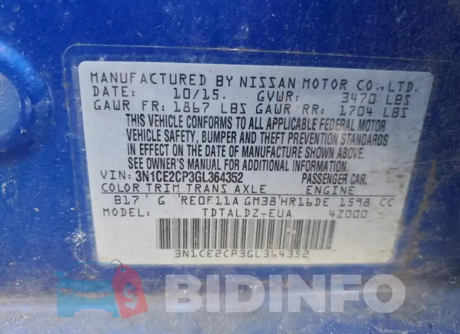 3N1CE2CP3GL364352 Photo# 13