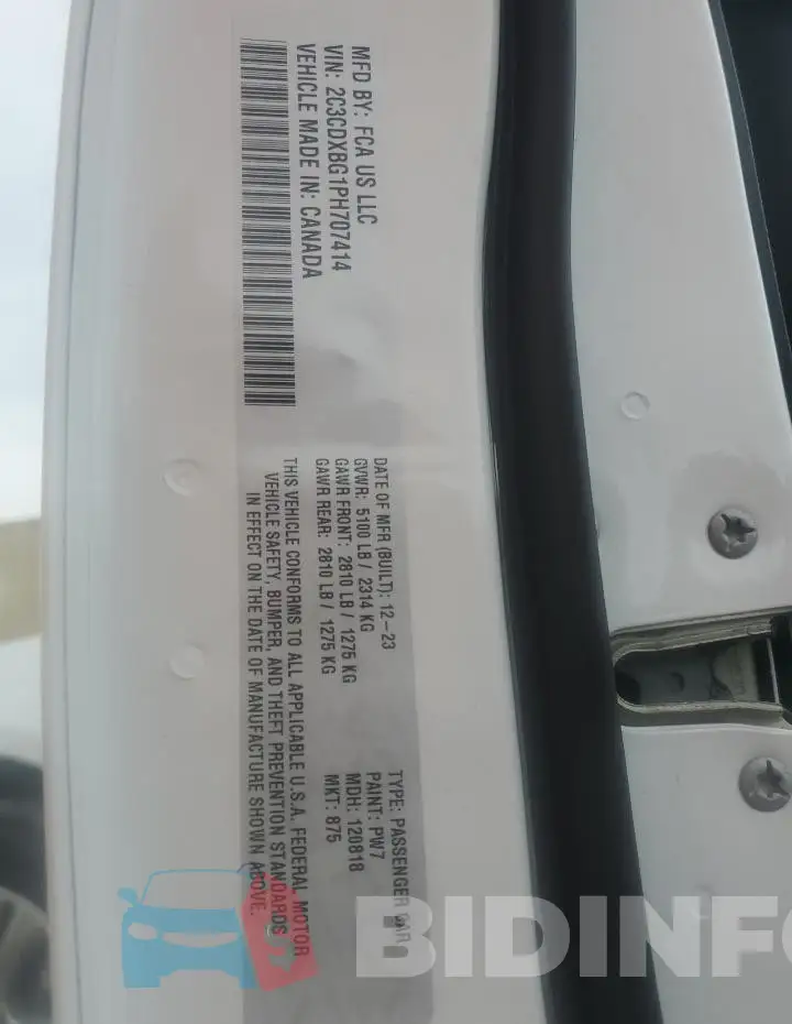 2C3CDXBG1PH707414 Photo# 12
