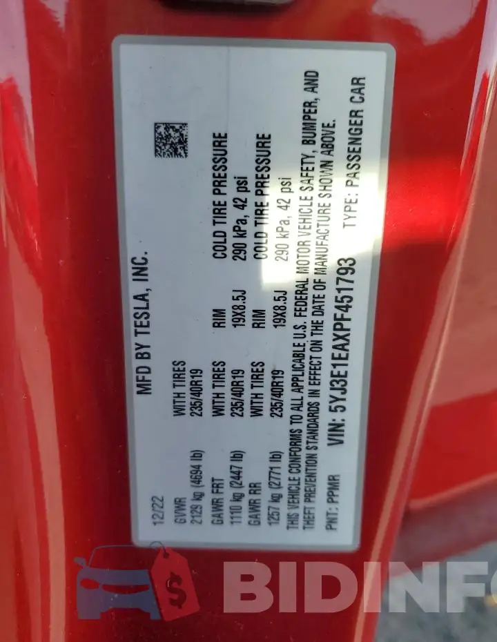 5YJ3E1EAXPF451793 Photo# 13