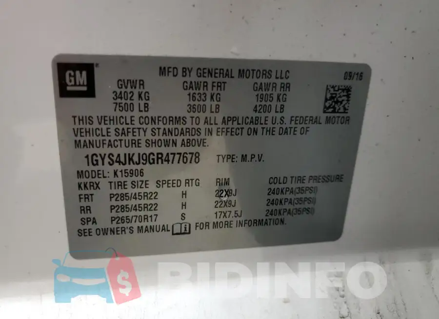 1GYS4JKJ9GR477678 Photo# 13