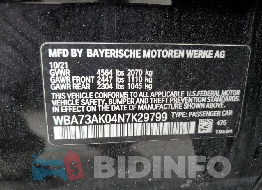 WBA73AK04N7K29799 Photo# 12