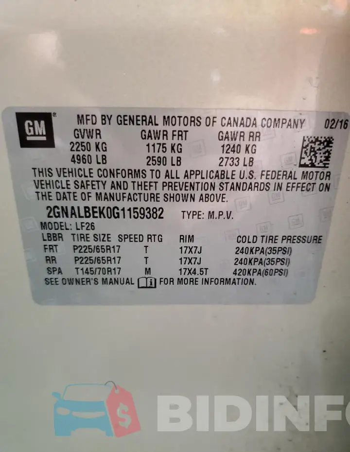 2GNALBEK0G1159382 Photo# 13