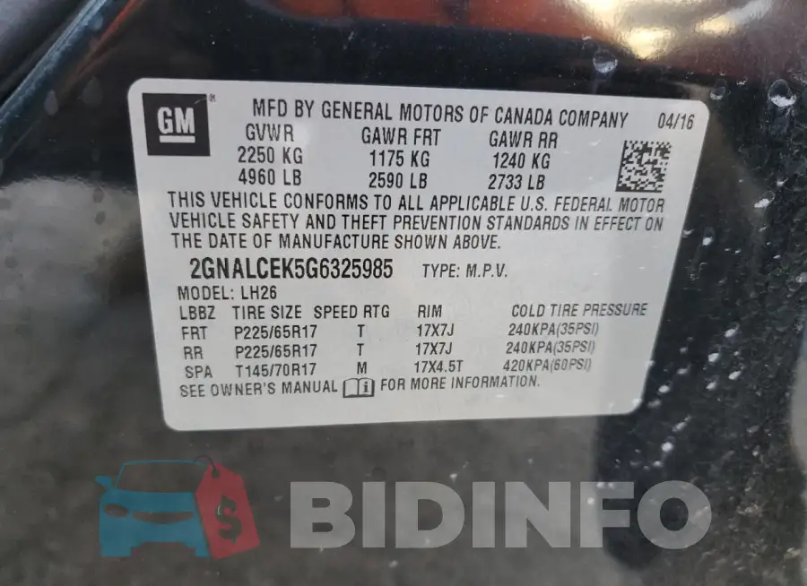 2GNALCEK5G6325985 Photo# 14