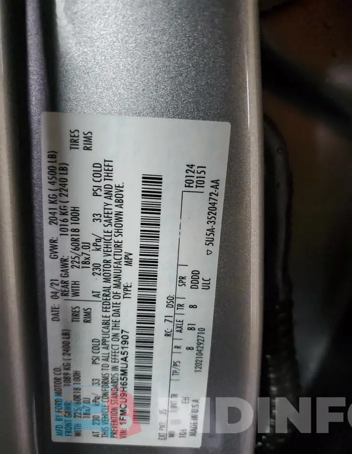 1FMCU9H65MUA51907 Photo# 13