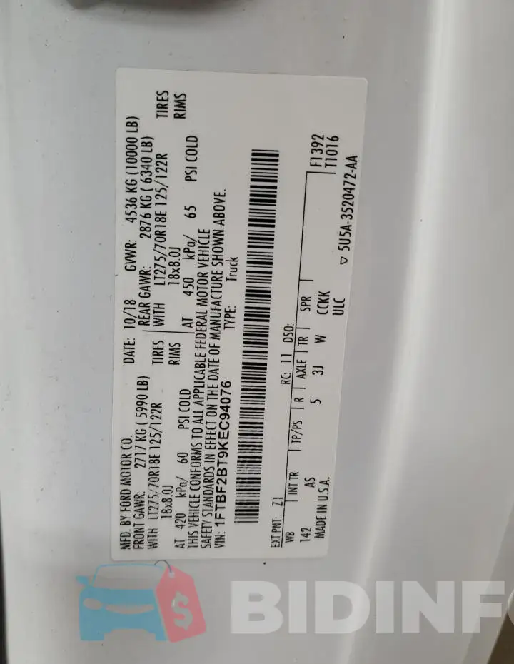 1FTBF2BT9KEC94076 Photo# 12