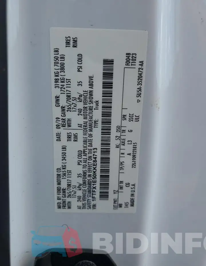 1FTFX1E50KKE84713 Photo# 12