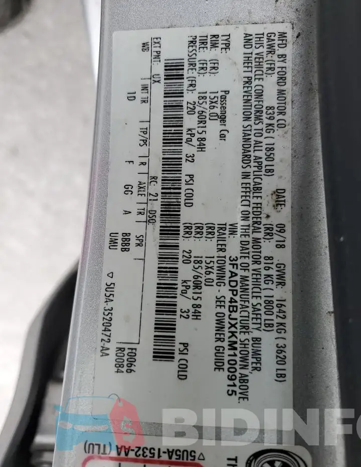 3FADP4BJXKM100915 Photo# 12