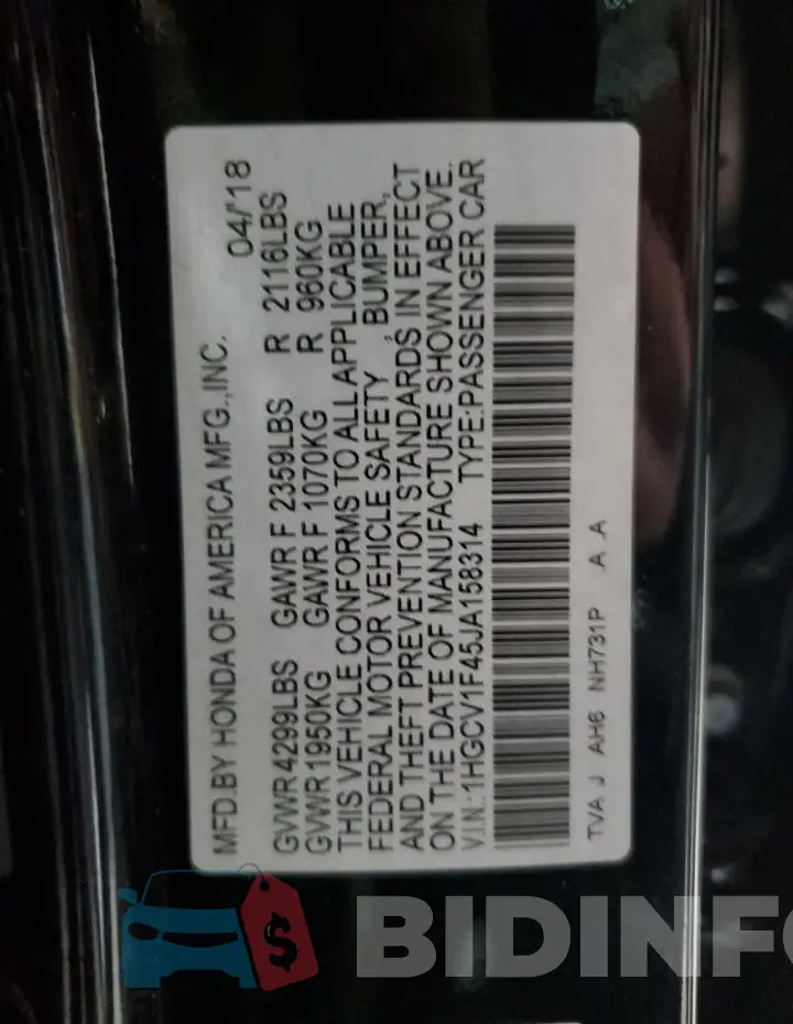 1HGCV1F45JA158314 Photo# 13