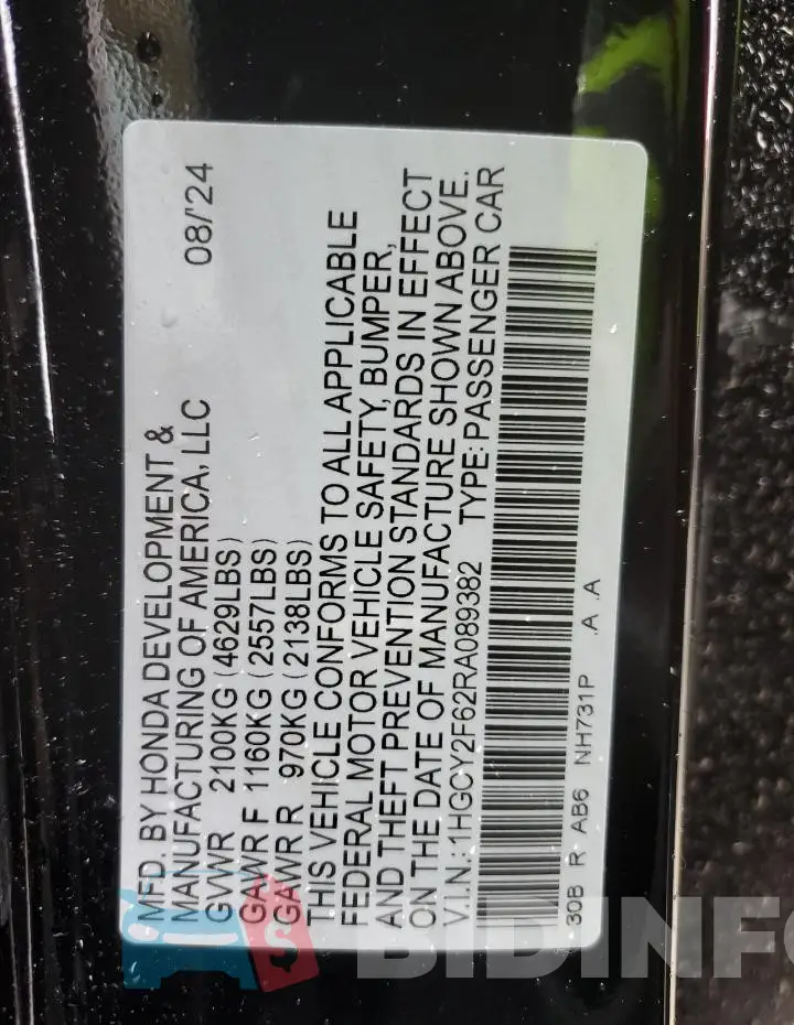 1HGCY2F62RA089382 Photo# 12