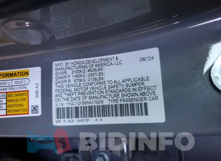 1HGCY2F89RA076839 Photo# 12
