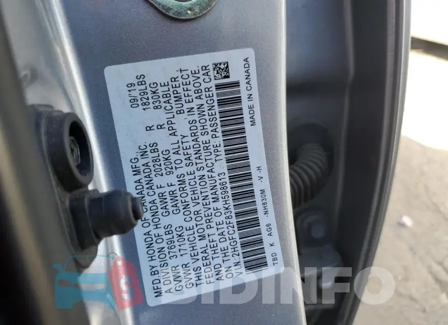2HGFC2F83KH598613 Photo# 12