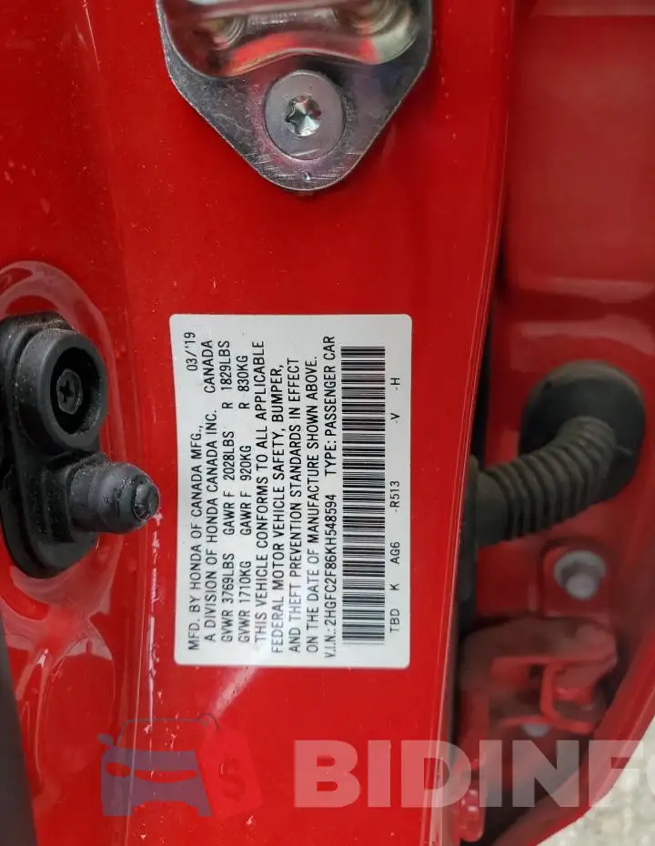2HGFC2F86KH548594 Photo# 12