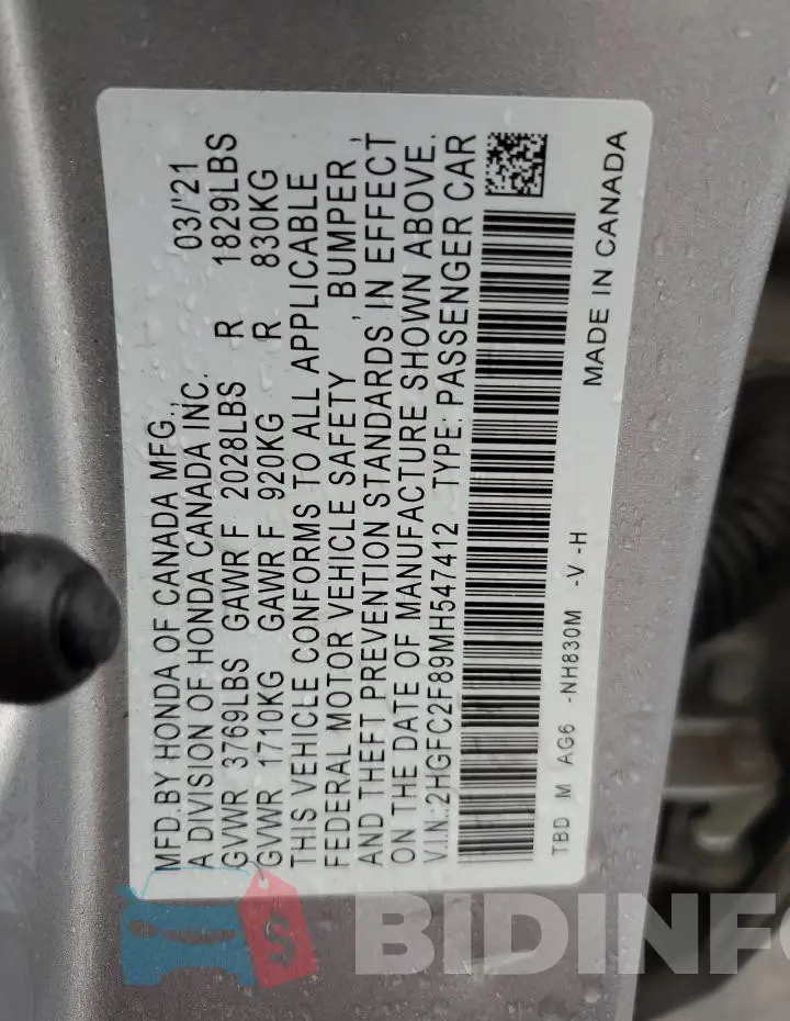 2HGFC2F89MH547412 Photo# 13