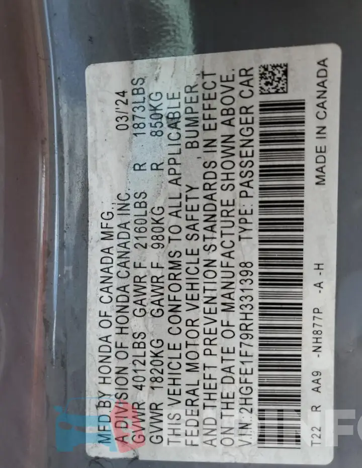 2HGFE1F79RH331398 Photo# 12