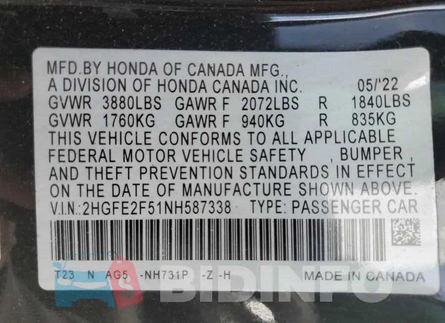 2HGFE2F51NH587338 Photo# 13 2HGFE2F51NH587338 Photo# 13