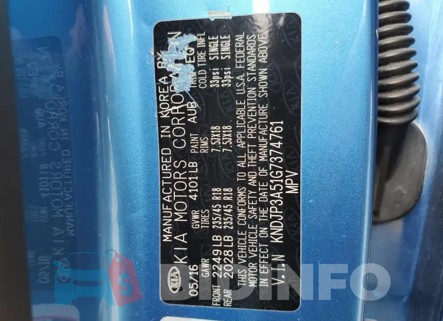 KNDJP3A51G7374761 Photo# 13