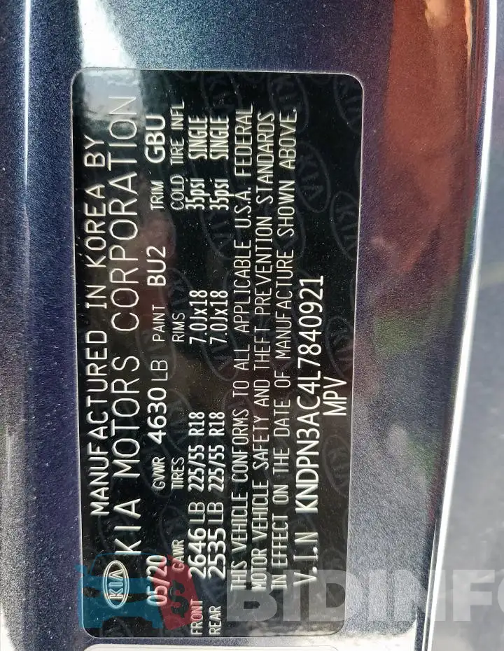 KNDPN3AC4L7840921 Photo# 13