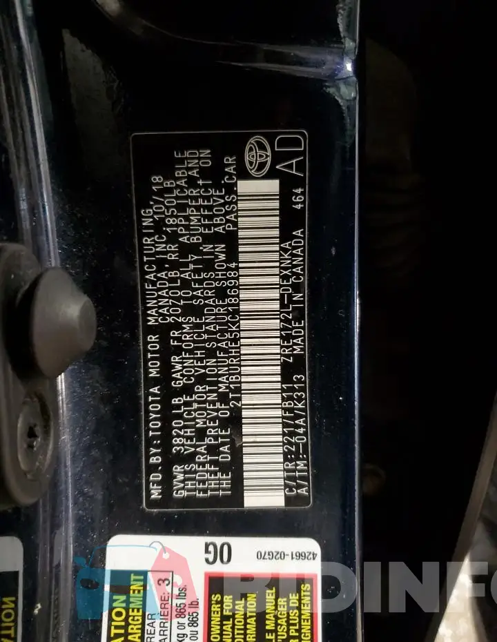 2T1BURHE5KC186984 Photo# 12 2T1BURHE5KC186984 Photo# 12