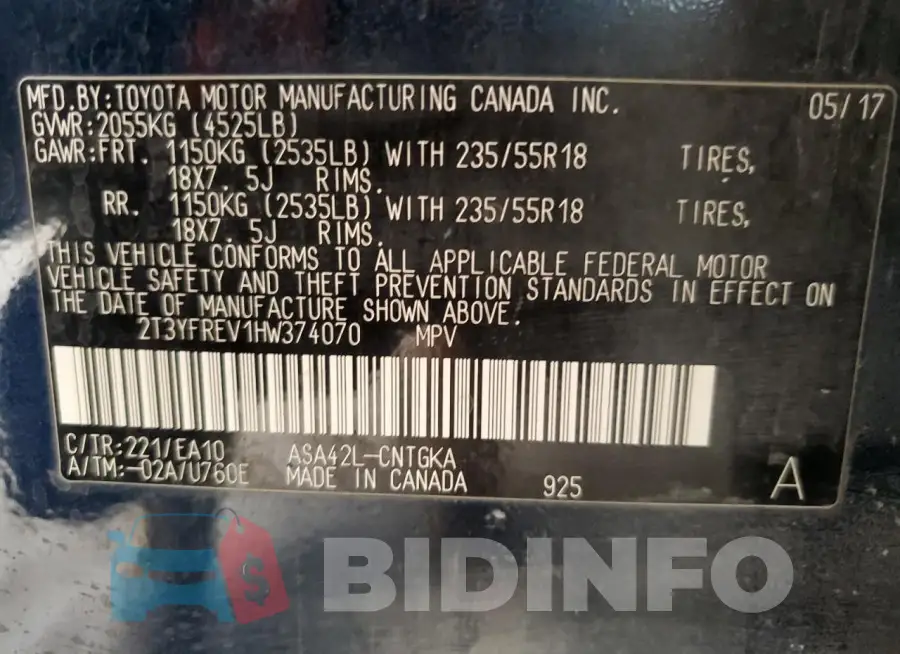 2T3YFREV1HW374070 Photo# 13