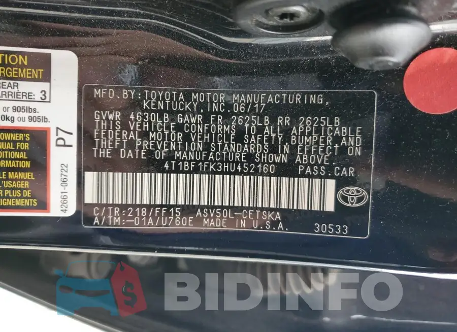4T1BF1FK3HU452160 Photo# 13
