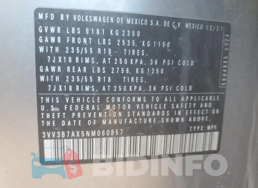 3VV3B7AX5NM060857 Photo# 13