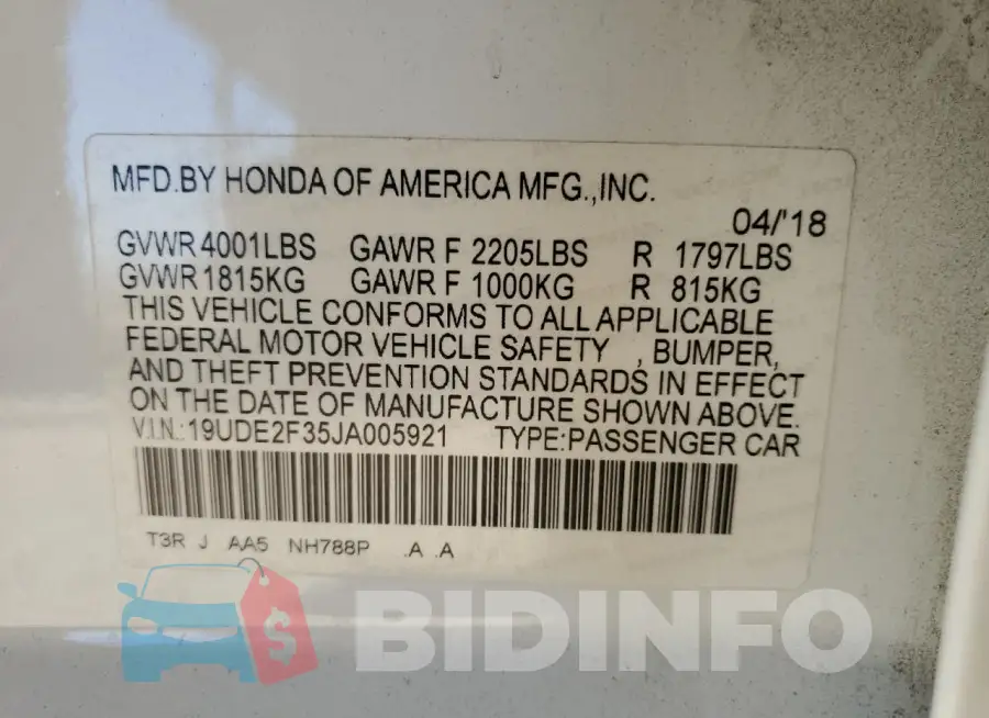 19UDE2F35JA005921 Photo# 12