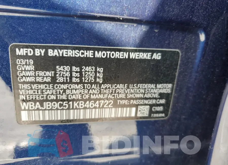WBAJB9C51KB464722 Photo# 12