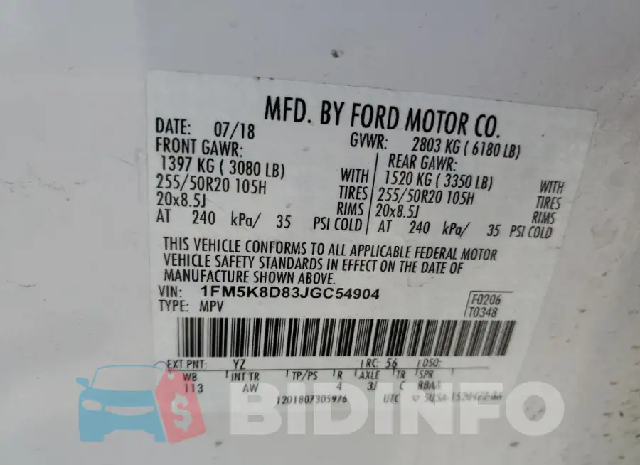 1FM5K8D83JGC54904 Photo# 13