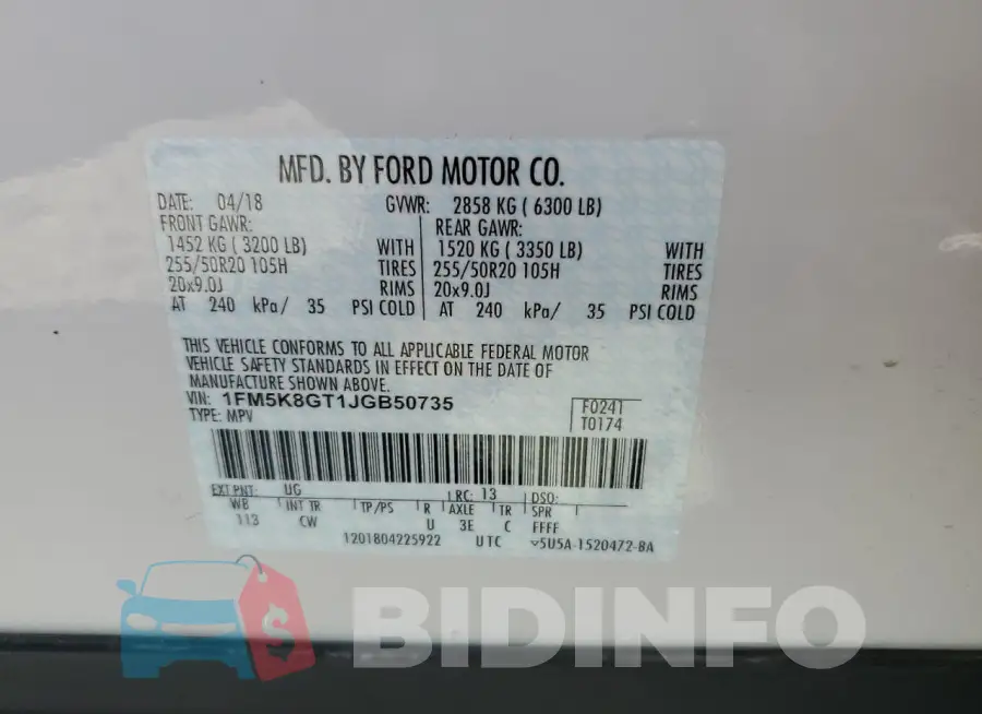 1FM5K8GT1JGB50735 Photo# 13
