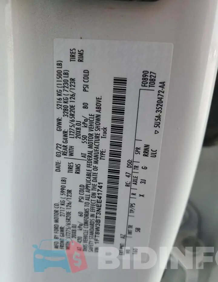 1FT8W3BT3NEE41741 Photo# 12