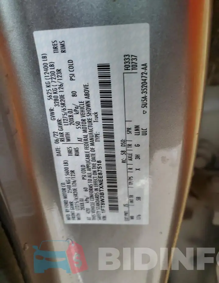 1FT8W3BTXNEE87518 Photo# 12