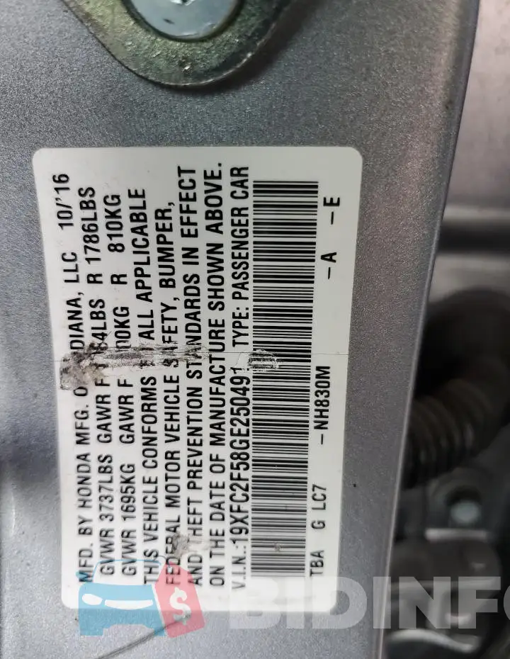 19XFC2F58GE250491 Photo# 12