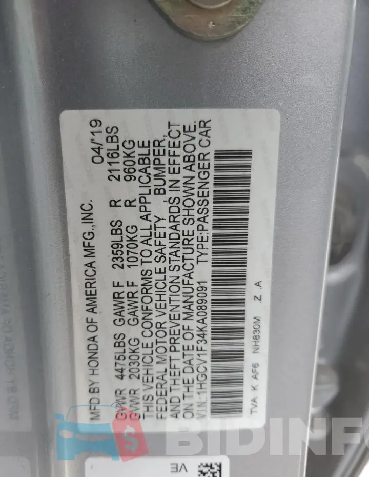 1HGCV1F34KA089091 Photo# 12
