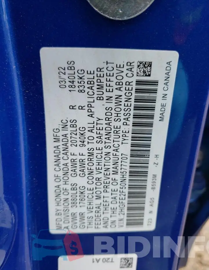 2HGFE2F50NH577707 Photo# 12 2HGFE2F50NH577707 Photo# 12