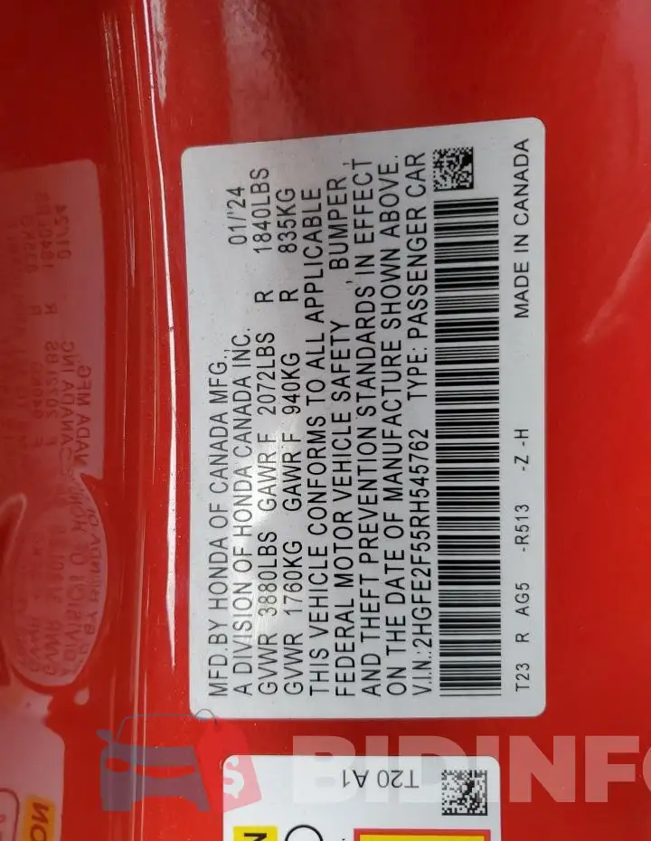 2HGFE2F55RH545762 Photo# 12