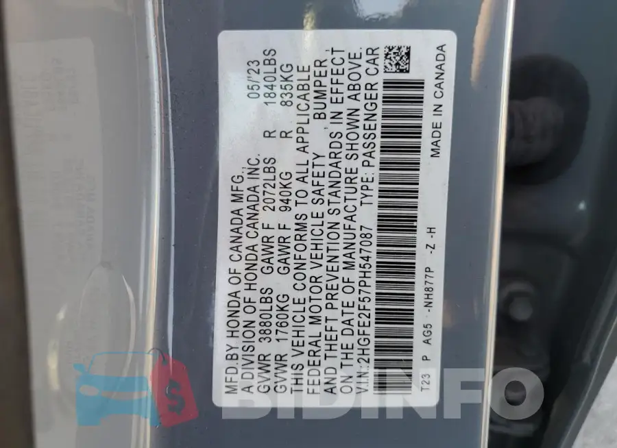 2HGFE2F57PH547087 Photo# 13