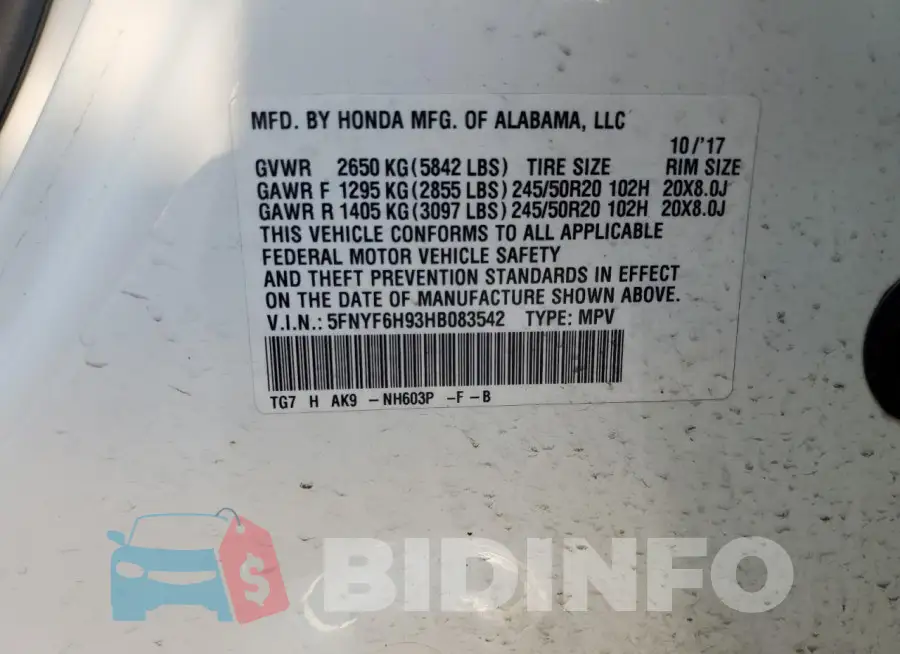 5FNYF6H93HB083542 Photo# 13