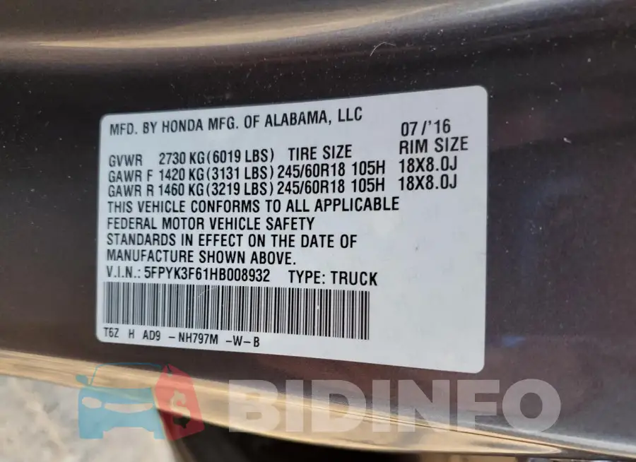 5FPYK3F61HB008932 Photo# 12
