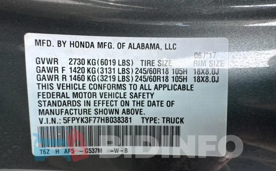 5FPYK3F77HB038381 Photo# 10